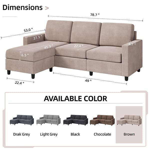 dimension image slide 6 of 6, Futzca Modern L-shaped Convertible Sectional Sofa w/ Reversible Chaise
