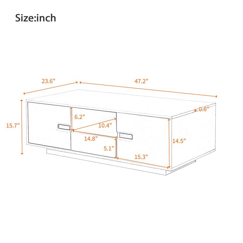 47.2'' Modern High Gloss LED Coffee Table with Storage, Rectangle Center Table with 16 Color Lights for Living Room
