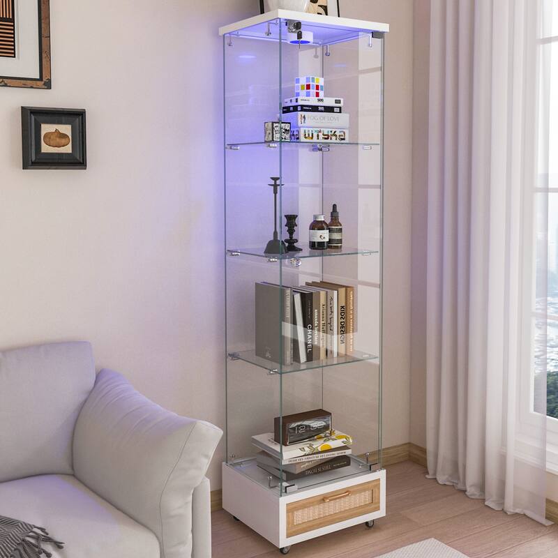 Glass Display Cabinet With Drawer,Cabinet With Led Lights,Tempered Glass Bookshelf, 1-Door Storage Case With 4 Shelves - White