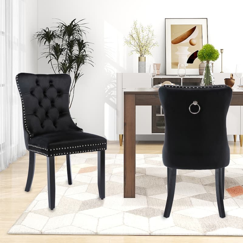Set of 2 Velvet Dining Chairs,Tufted Solid Wood Armless Chairs Accent Chair with Nailhead Trim and Back Ring Pull - N/A - Black