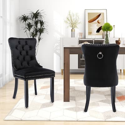 Set of 2 Velvet Dining Chairs,Tufted Solid Wood Armless Chairs Accent Chair with Nailhead Trim and Back Ring Pull - N/A