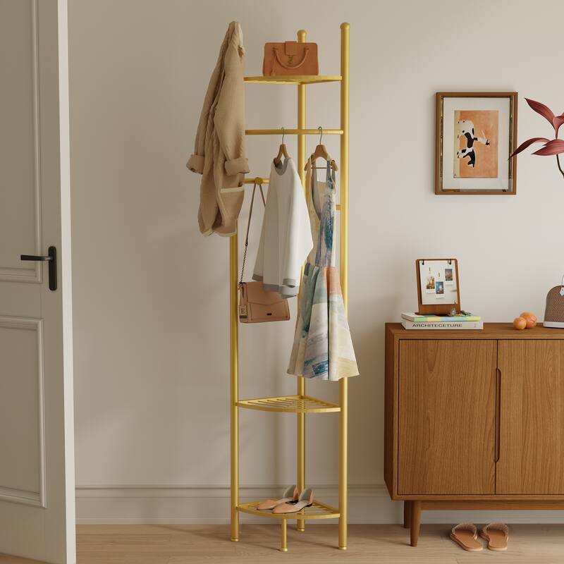 Metal Gold Corner Clothes Rack Hat Coat Storage with Folding Shelf and 4 Hooks