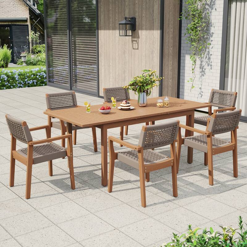 Outdoor Wooden Dining Table with 6 Woven - Seat Chairs Set