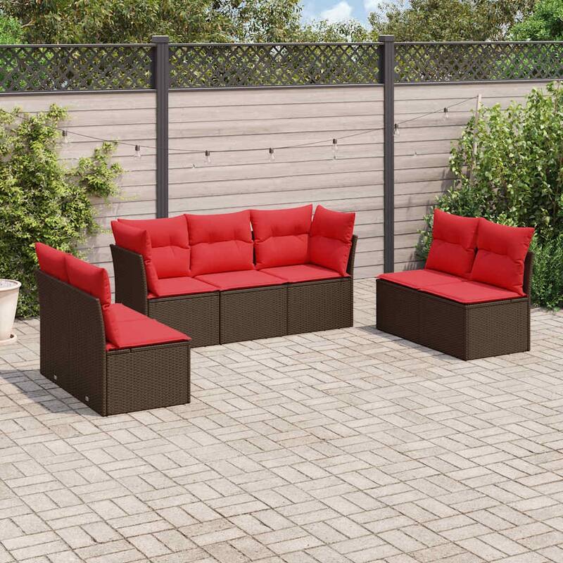 vidaXL 7/8 Piece Patio Sofa Set with Cushions Black/Brown/Gray Poly Rattan - 24.4 x 24.4 x 27.2 - Brown and red Without table
