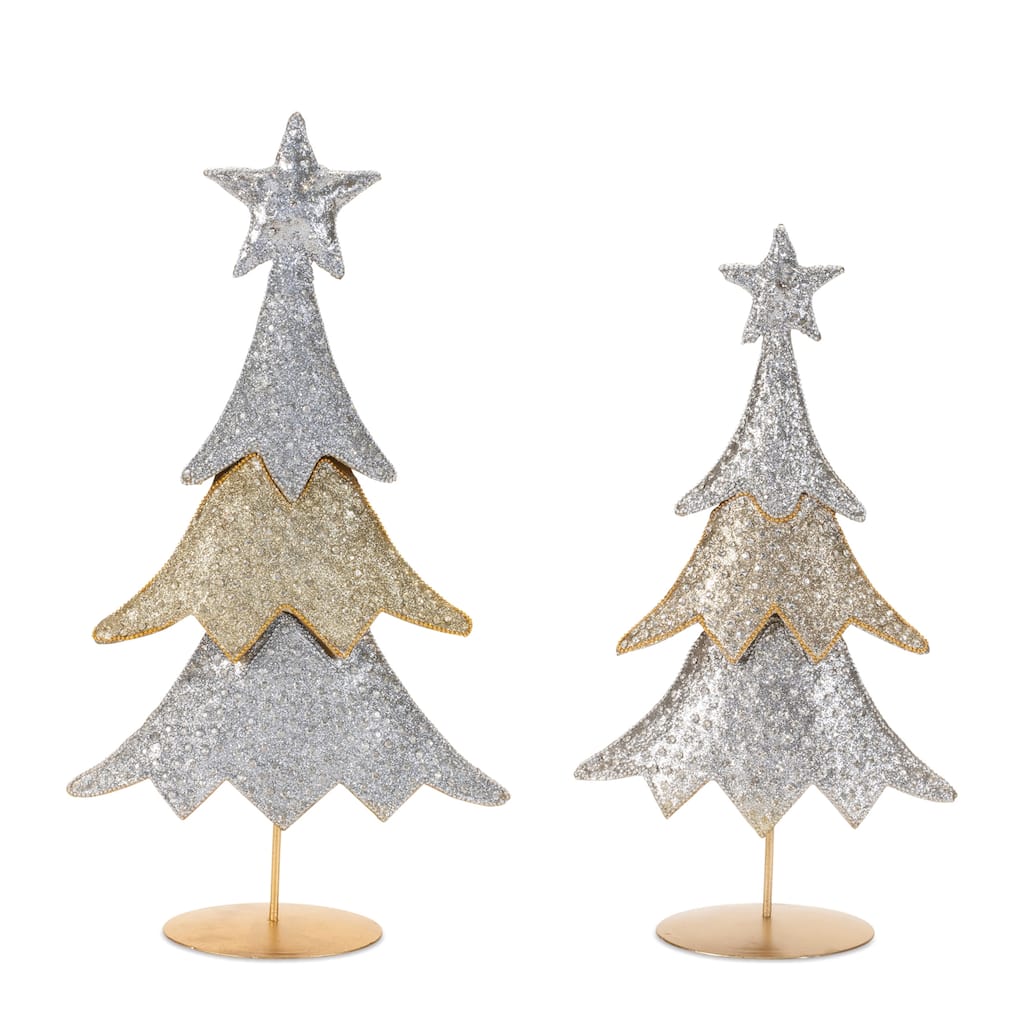 Set of 2 Metal Christmas Trees with Glitter Beads and Gold Stand - 8.75” x 5” x 16.25”