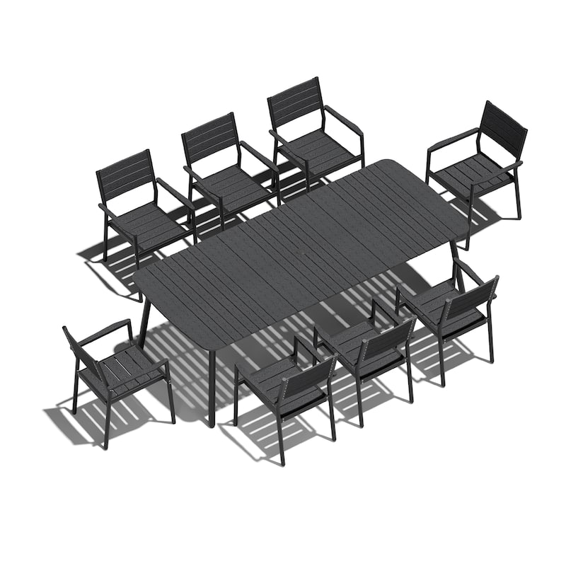 9-Piece Outdoor Rectangular Dining Table Set with Umbrella Hole and Stackable Armchairs
