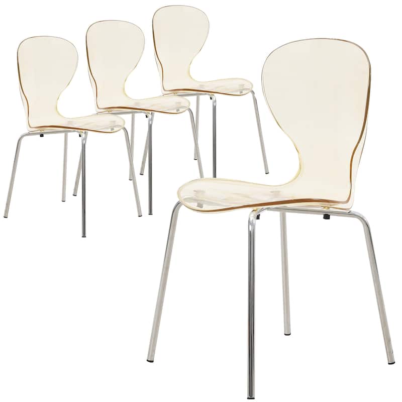 Stackable Plastic Dining Chair with Chrome Legs Set of 4 Transparent Accent Side Chair for Indoor and Outdoor - Amber