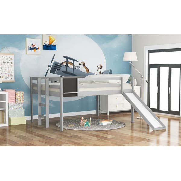 slide 2 of 14, Gray Full Pine Loft Bed with Slide, Chalkboard & Stairs - Creative Design