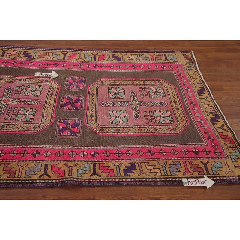Ardebil Persian Vintage Runner Rug Handmade Geometric Wool Carpet - 3'8" x 10'6"