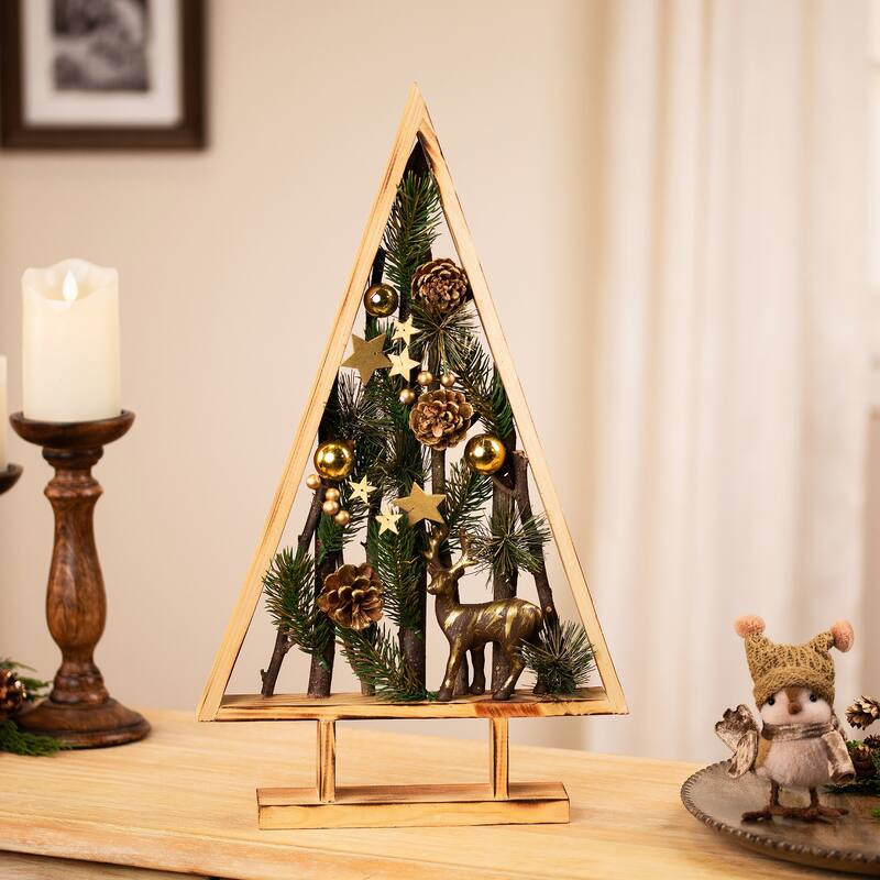 Reindeer and Pinecones Artificial Wooden Tree Christmas Decoration - 20.5"