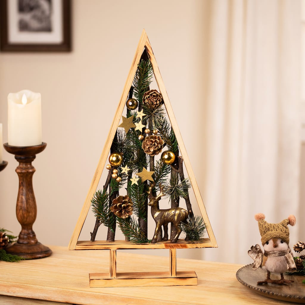 Reindeer and Pinecones Artificial Wooden Tree Christmas Decoration - 20.5"