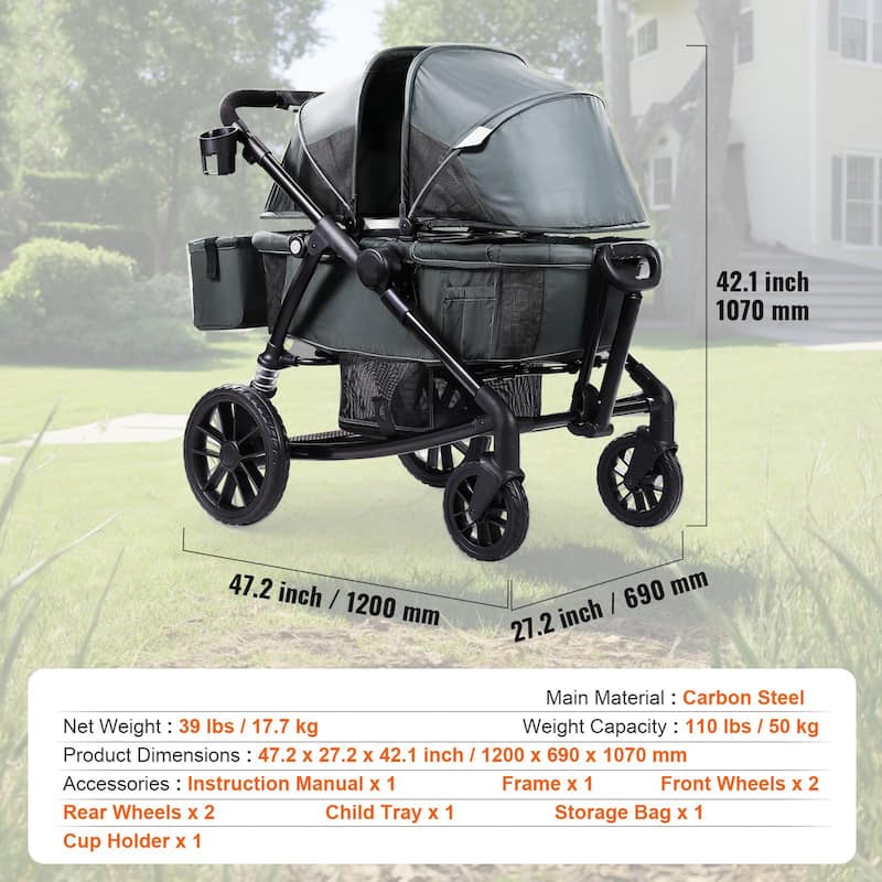 Carbon Steel All-Terrain Stroller Wagon Foldable Twin with Canopy and Tray - 47.2” L x 27.2” W x 42.1” H