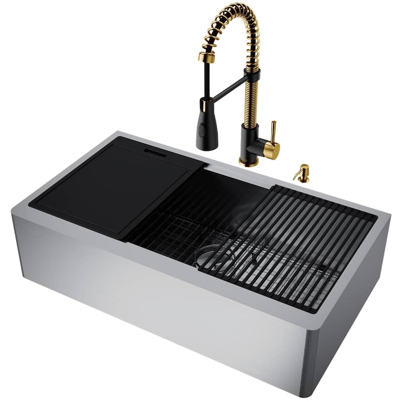 VIGO 36 in. Apron Front Double Bowl Stainless Steel Farmhouse Kitchen Sink and Faucet in Matte Brushed Gold and Matte Black
