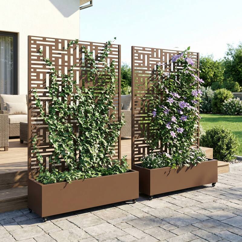Metal Movable Planter Box with Trellis Privacy Screen Lockable Wheels