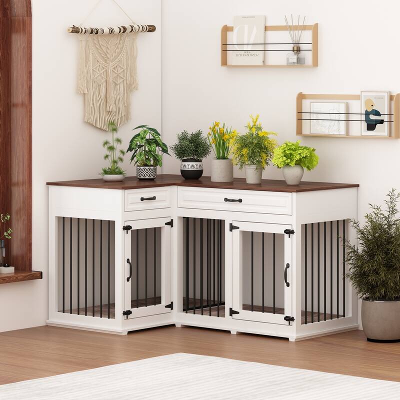 Corner Furniture-Style Dog Crate with Convenient Storage and Divider