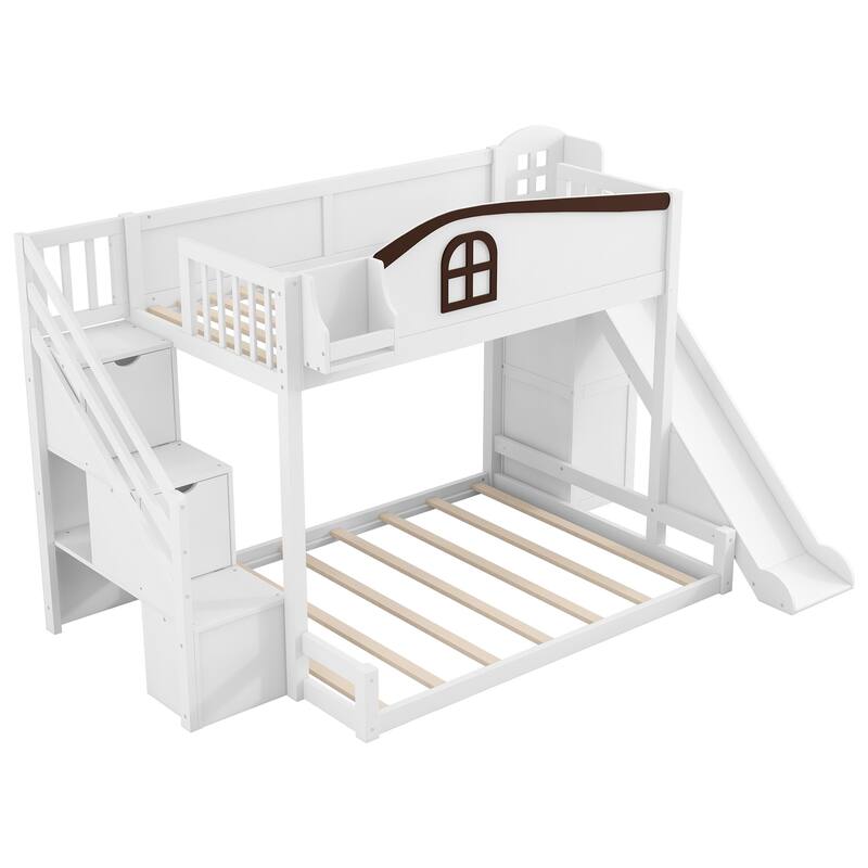 Fairytale Twin Over Full Kids Floor Bunk Bed with Slide, Storage Staircase, Shelves and Wardrobe, Wooden House Bed