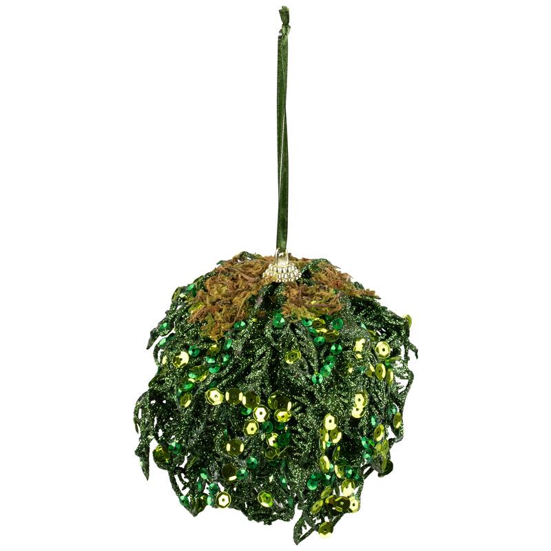 Sequin and Glitter Leaf Vines Christmas Ball Ornament - 4" - Green