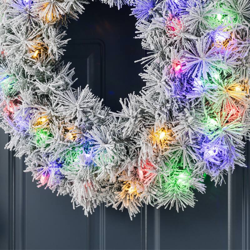 Glitzhome Pre-Lit Snow Flocked White/Greenery Pine Garland & Wreath & Teardrop