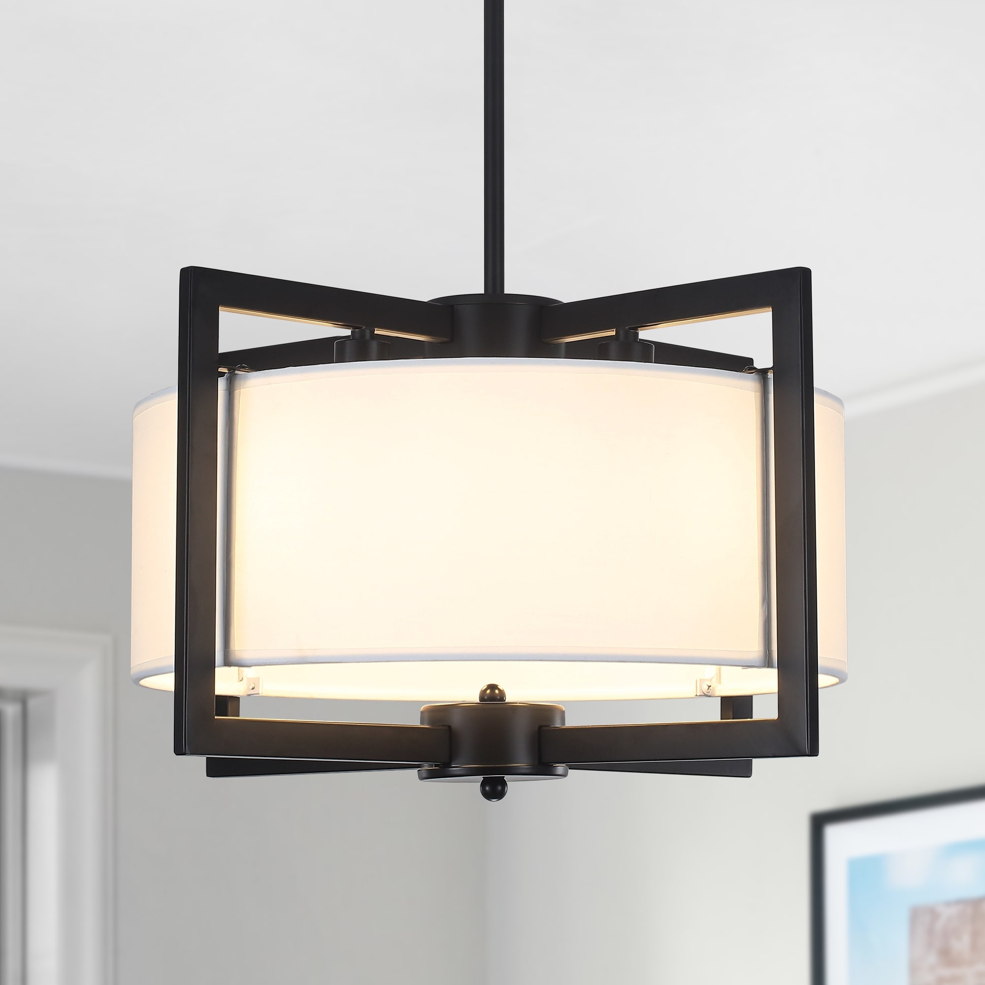 Modern 4-Light Drum Chandelier Geometric Frame Pendant Light with White Fabric Shade