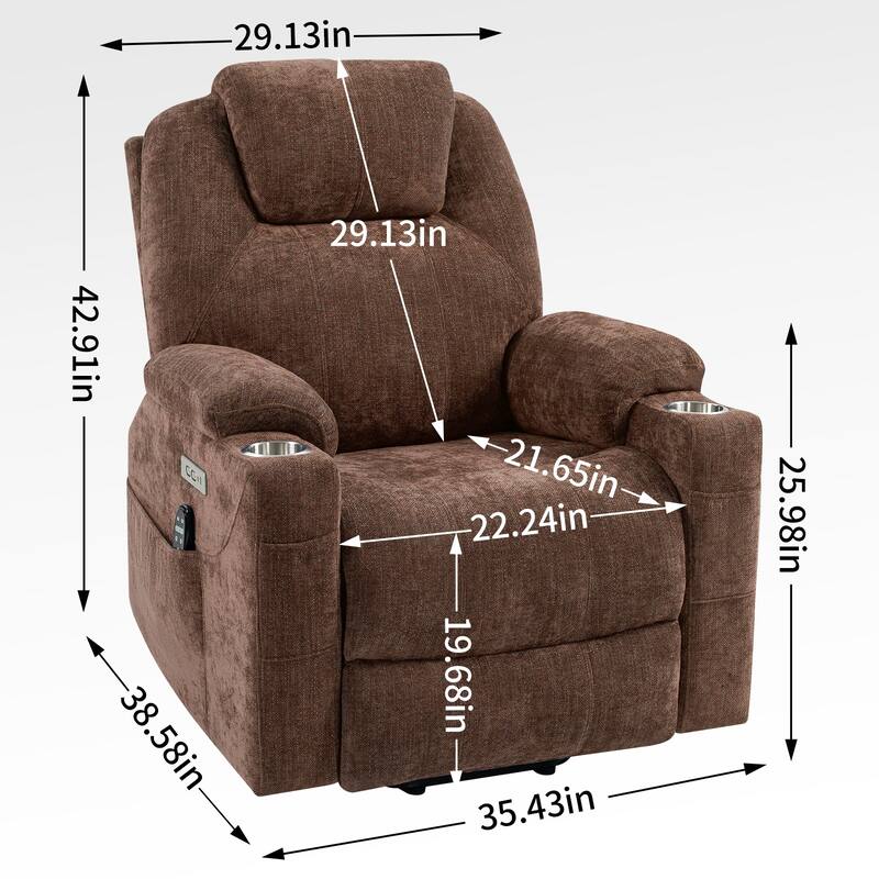 Chenille Power Lift Recliner Massage Chair: 8-Point Vibration Massage, Lumbar Heating, Dual USB Ports, Cup Holders
