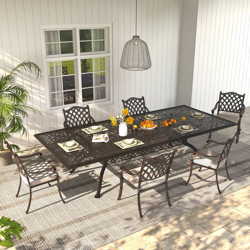 7-Piece Antique Bronze Cast Aluminum Outdoor Dining Set with Cushions & Umbrella hole