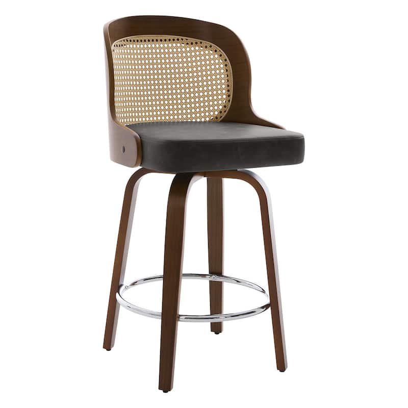 26" Upholstered Swivel Counter & Bar Stool with Rattan Back - 37.4"H x 19.09"W x 19.88"D