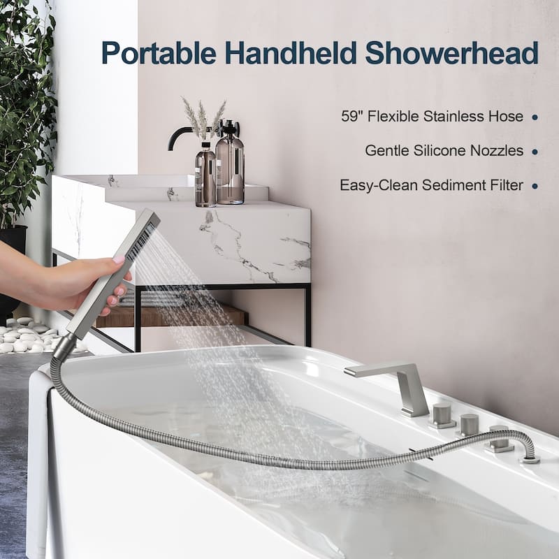 GRANDJOY Deck Mount Bathtub Spout and Handheld Shower Head Combo 5 Hole Design High Pressure