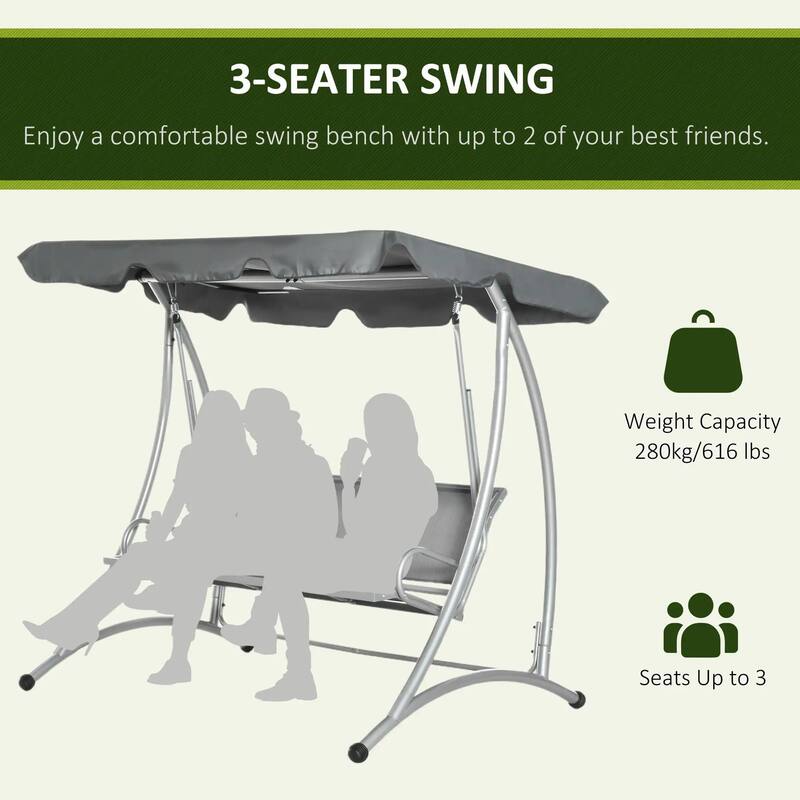 3-Seat Porch Swing, Adjustable Canopy, Breathable Seat, Steel Frame