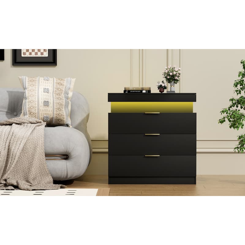 LED Lights Nightstand with Charging Station, Smart Wooden Nightstand, Storage Cabinet with Sliding Top & 3 Drawers
