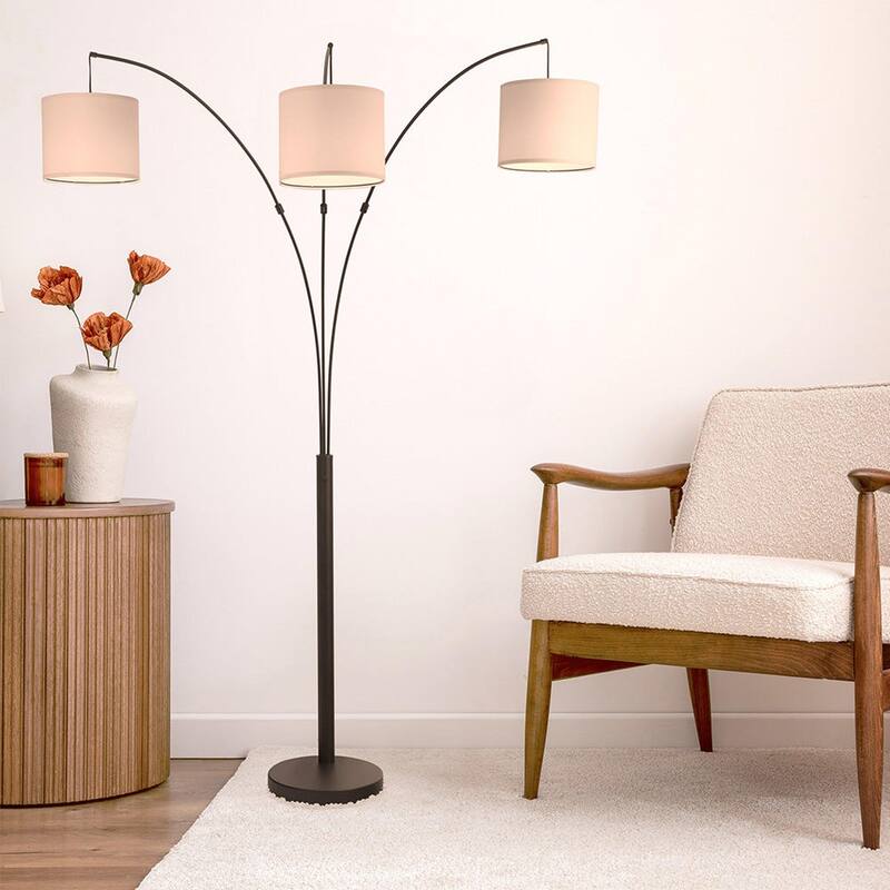 Modern 3-Arm Curved Metal Floor Lamp with Linen Shade - Oil-Rubbed Bronze