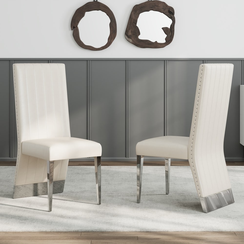 White PU Leather Dining Chairs with Nail Head Trims and Mirrored Silver Metal Legs