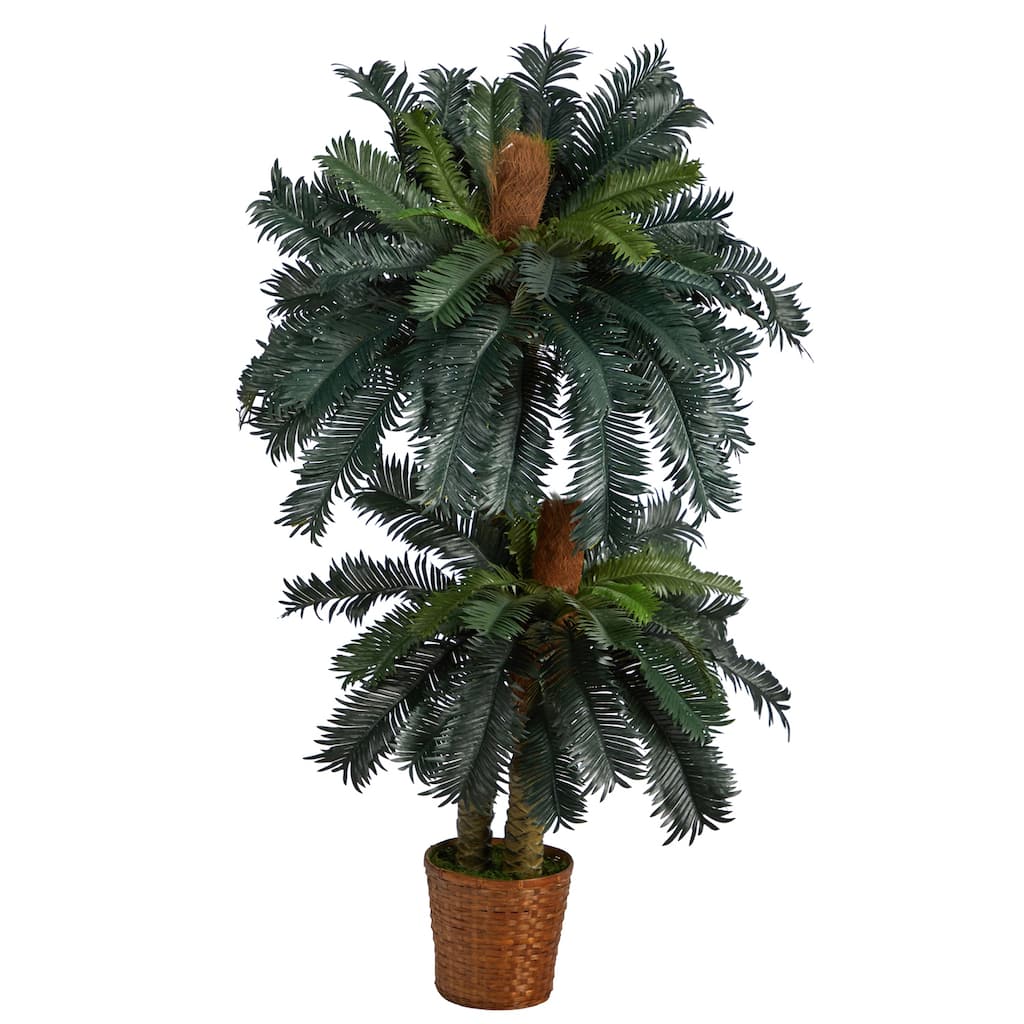 Artificial Sago Palm Tree Set - 5ft & 3ft Indoor Tropical Plants with Basket - Green - 41-50 Inches