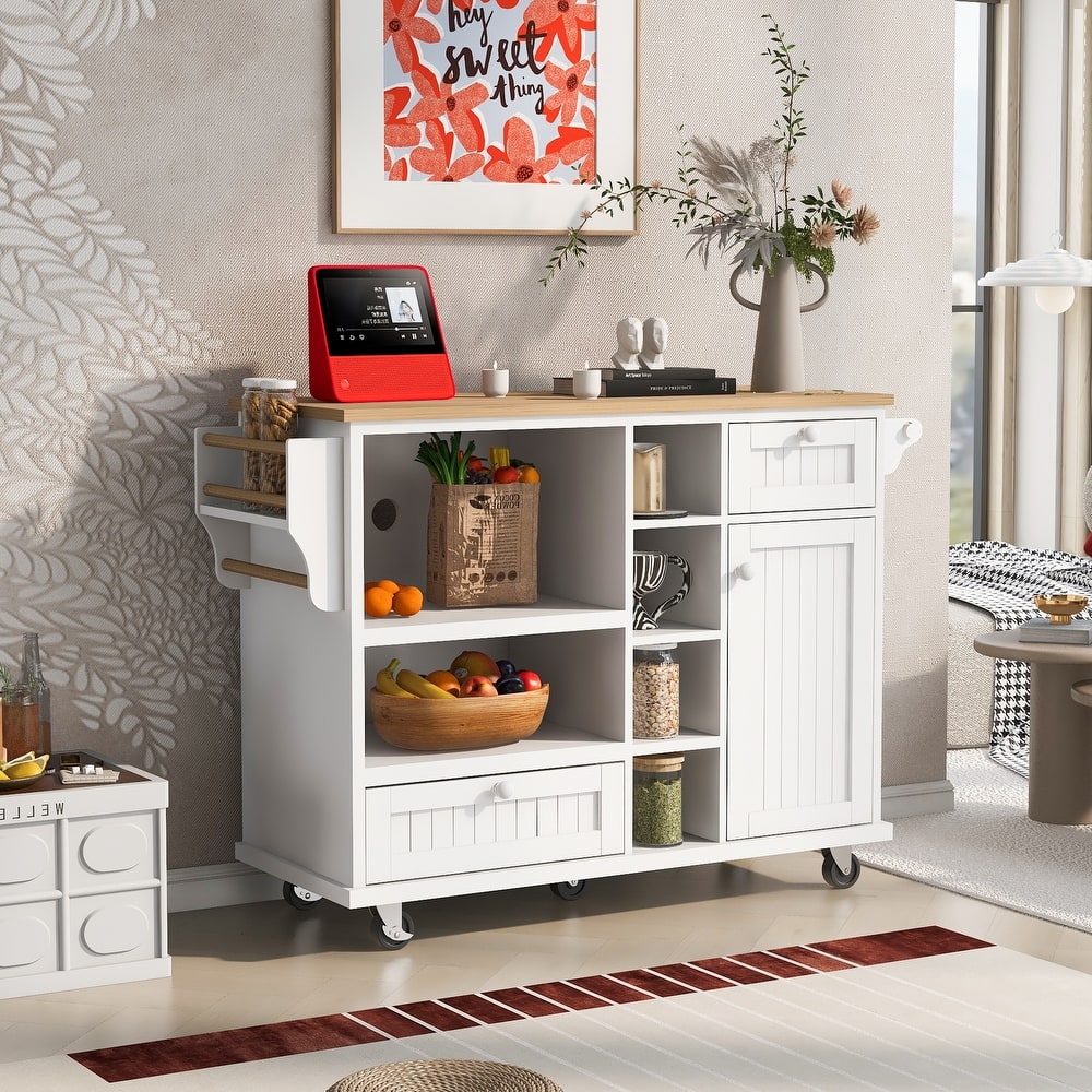 Kitchen Island Cart with Microwave Cabinet & 2 Locking Wheels, Floor Standing Buffet Server Sideboard with Solid Wood Desktop