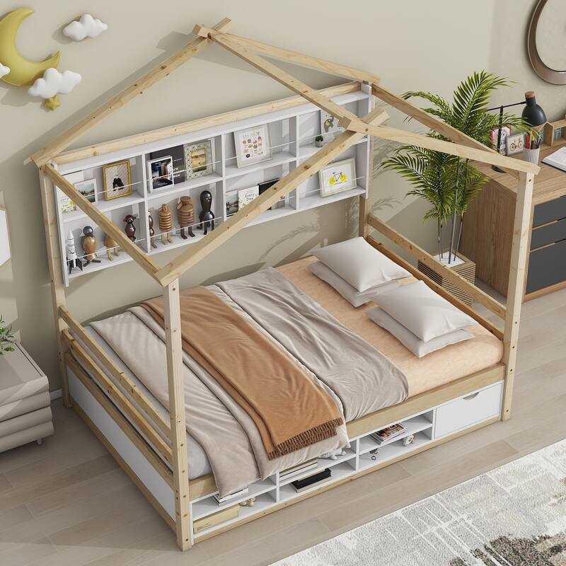 Full House Bed with Roof Frame, Bedside-shelves, Under Bed Storage Unit