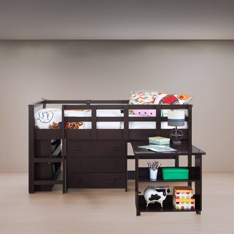 Twin Size Low Loft Bed with Desk and Storage - Kids Pine Wood Loft Bed with Cabinet and Study Space