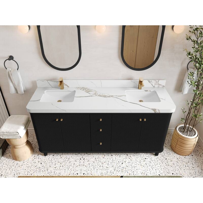 Willow Collections 72 in. W x 22 in. D Reeded Miami Double Bowl Sink Bathroom Vanity with Countertop - 2”Calacatta Gold - Black