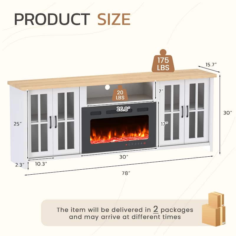 EROMMY 78"/ 97" Fireplace TV Stand with Electric Fireplace, Farmhouse Media Console with LED Lights, Glass Doors