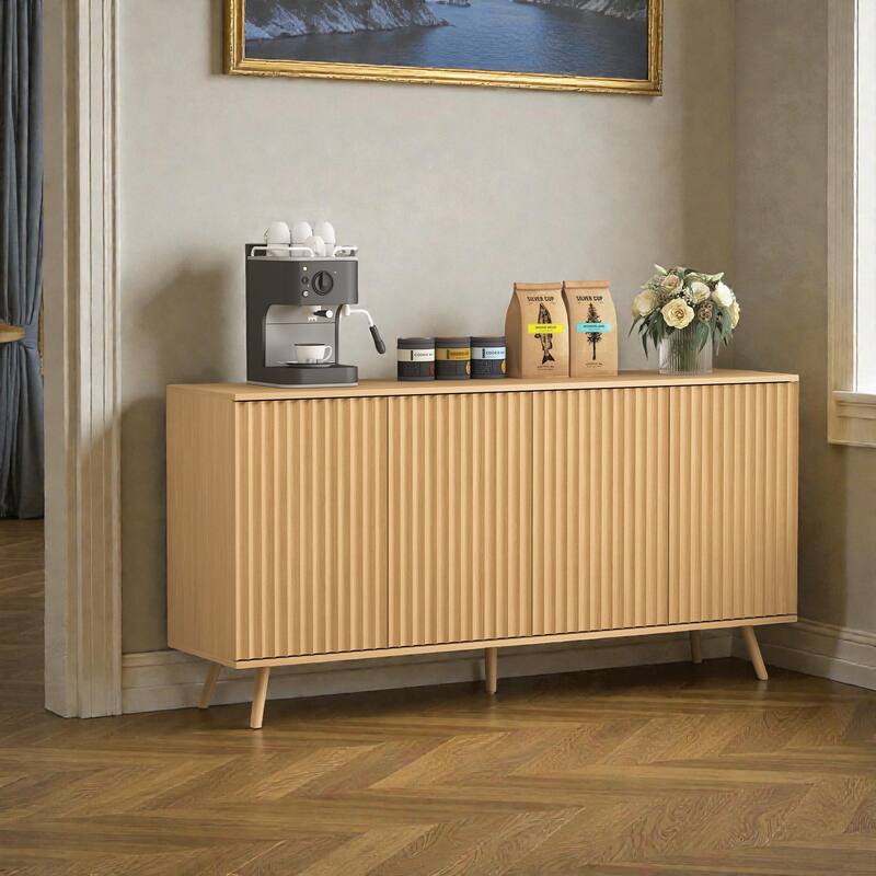 Modern Farmhouse Sideboard Storage Cabinet with 4 Doors, Wood Coffee Bar Credenza Console with Adjustable Shelves