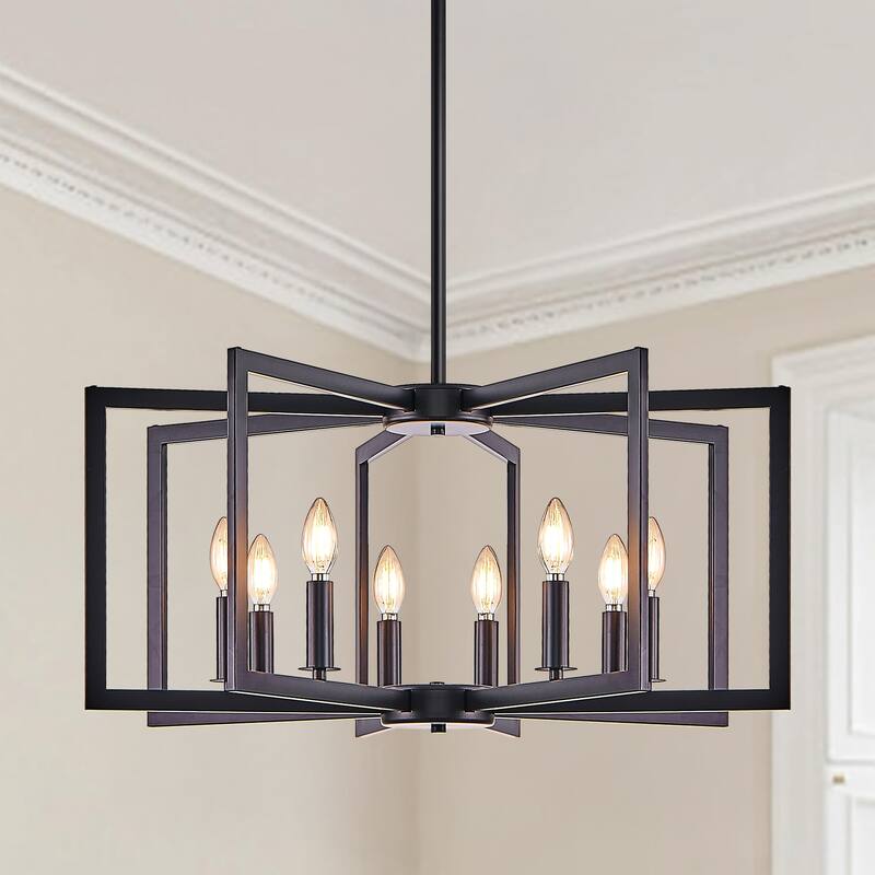 27" Modern Black Geometric 8-Light Chandelier-Industrial Metal Pendant Light Fixture