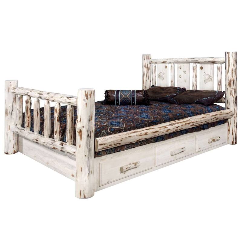 California King Storage Bed - Rustic Wolf Design, Ready to Finish - Log Style Bed Frame