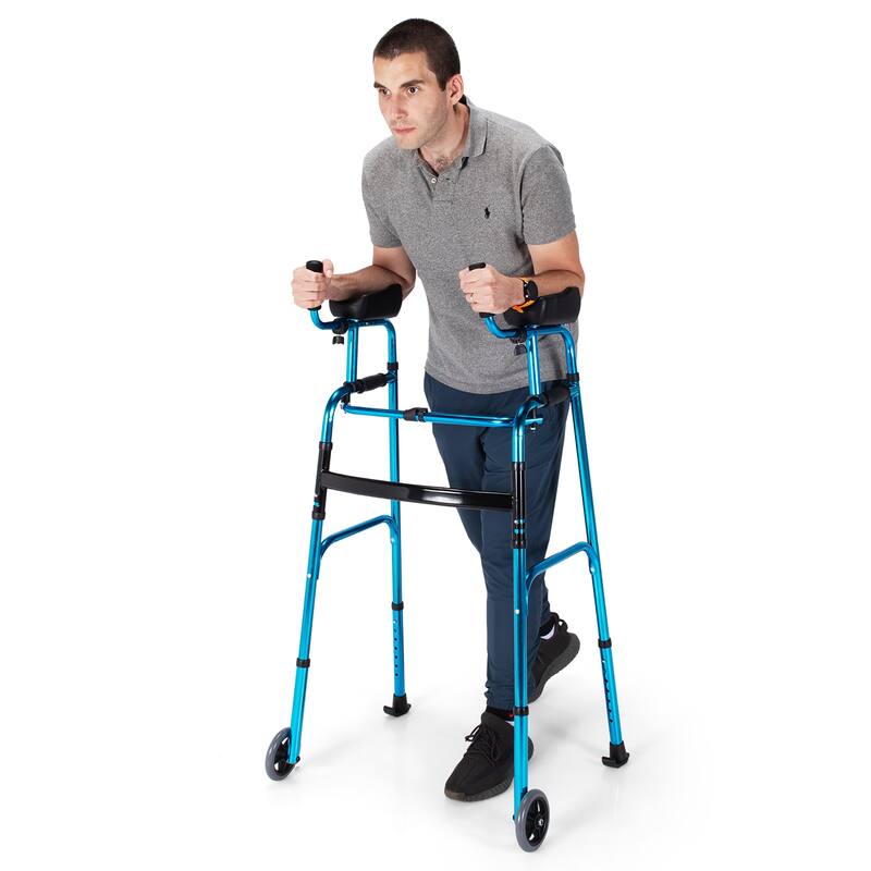 Costway Folding Wheel Walking Frame Adjustable Alloy Walker W/Armrest - See Details - Blue