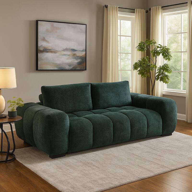 Errand Sofa, Dark Green Chenille, Foam Cushions, Pine Wood, 84 Inch