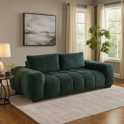 Errand Sofa, Dark Green Chenille, Foam Cushions, Pine Wood, 84 Inch