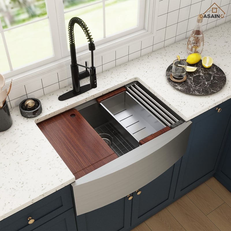 Farmhouse/Apron-Front Single Bowl 16 Gauge Stainless Steel Workstation Kitchen Sink with Accessories and Pull Down Faucet Sets