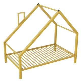 Twin Size Metal House Platform Bed Frame with Roof and Chimney for Boys Girls Kids Adults Toddler, No Box Spring Required Gold