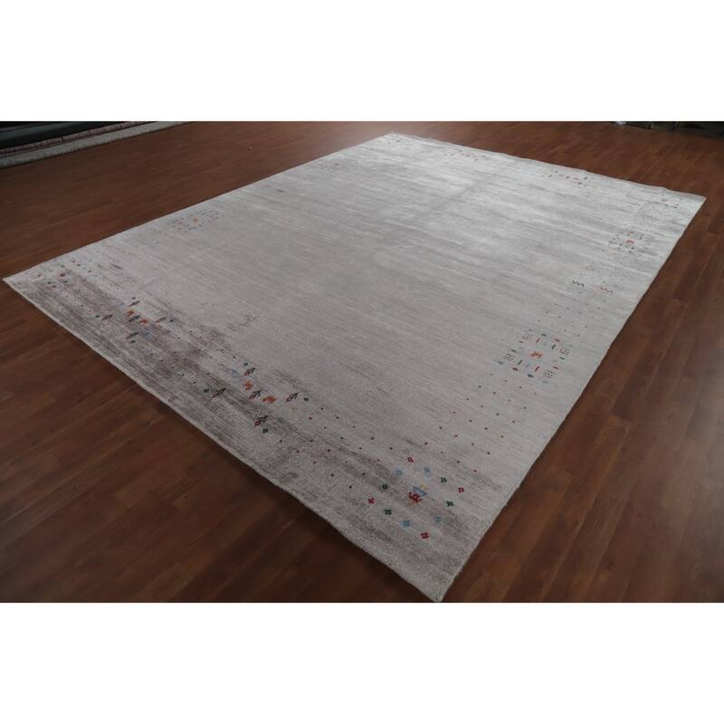 Hand Knotted Oriental Viscose Silk Carpet Tribal Animal Pictorial Beige & Ivories Gabbeh Area Rug - 11' 8'' X 9' 0''