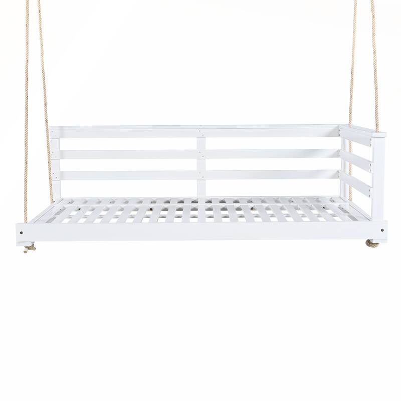 Country Patio Wooden Twin Size Swing Daybed with 4pcs 96-inch Hemp Ropes for Backyard and Garden