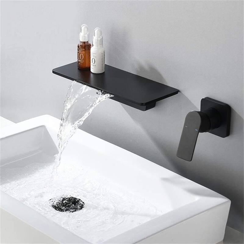 Wall Mounted Single Handle Bathroom Sink Faucet with Waterfall Spout, Silent and Splash Proof, Easy Clean - Black