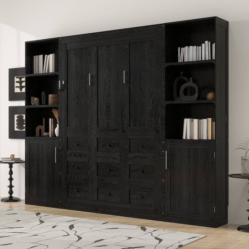 GDFStudio - Modern Wooden Queen Murphy Bed with Storage Shelves and Cabinets