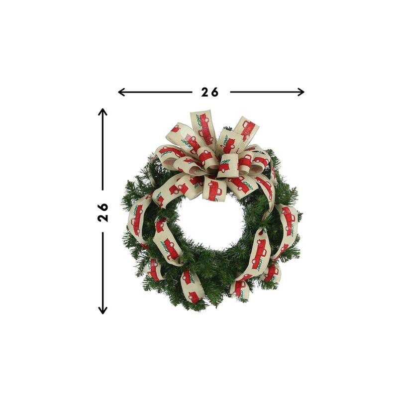 26 in Wreath with truck printed bow - Red, Green - 26Hx26Wx9D
